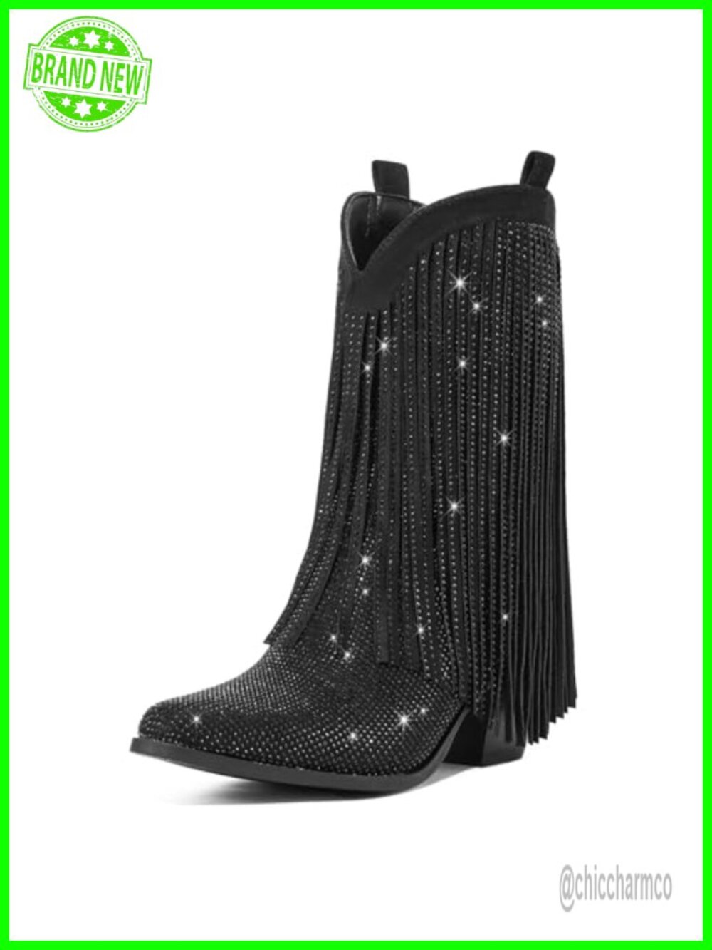 Rhinestone Fringe Cowgirl Boots Mid-Calf Chunky Heel Western Boots